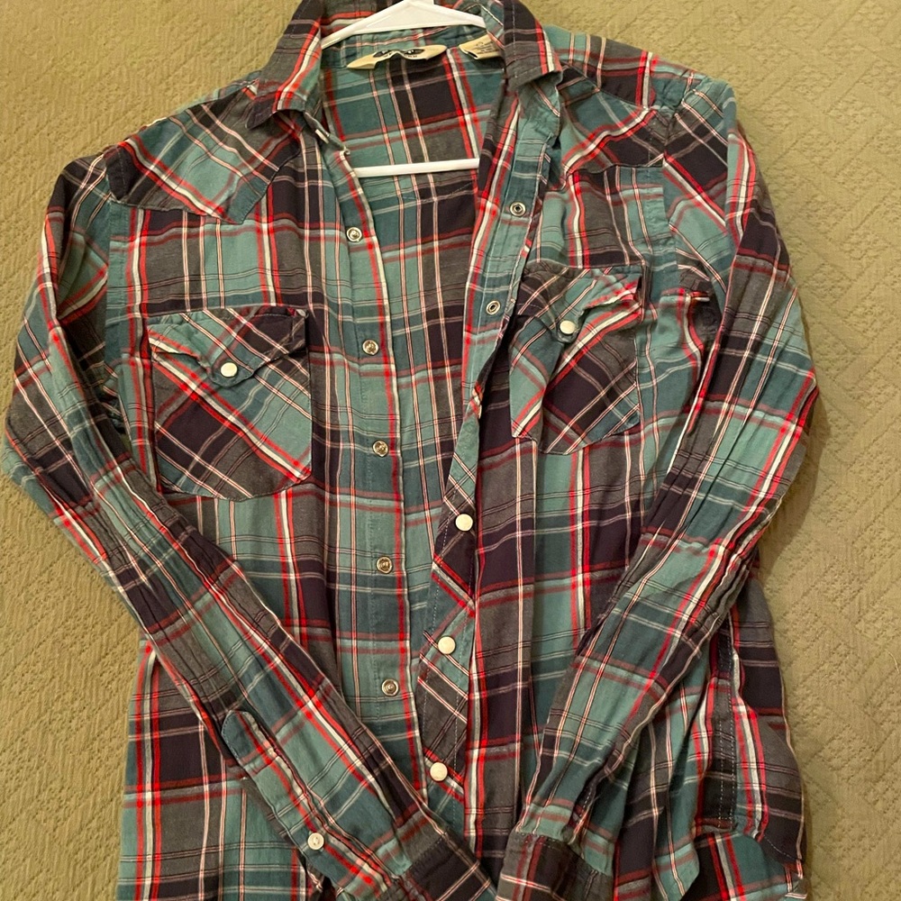 Mens Salt Valley XS Green/Black/Red Lightweight Button Up from Urban Outfitters